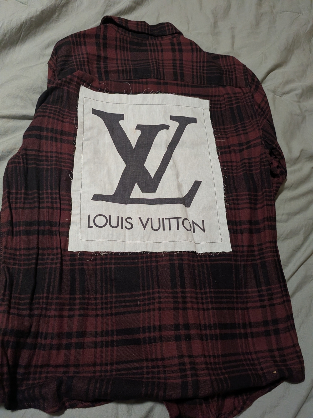 Burgundy and Black Plaid Button-Down Shirt with Back LV Patch